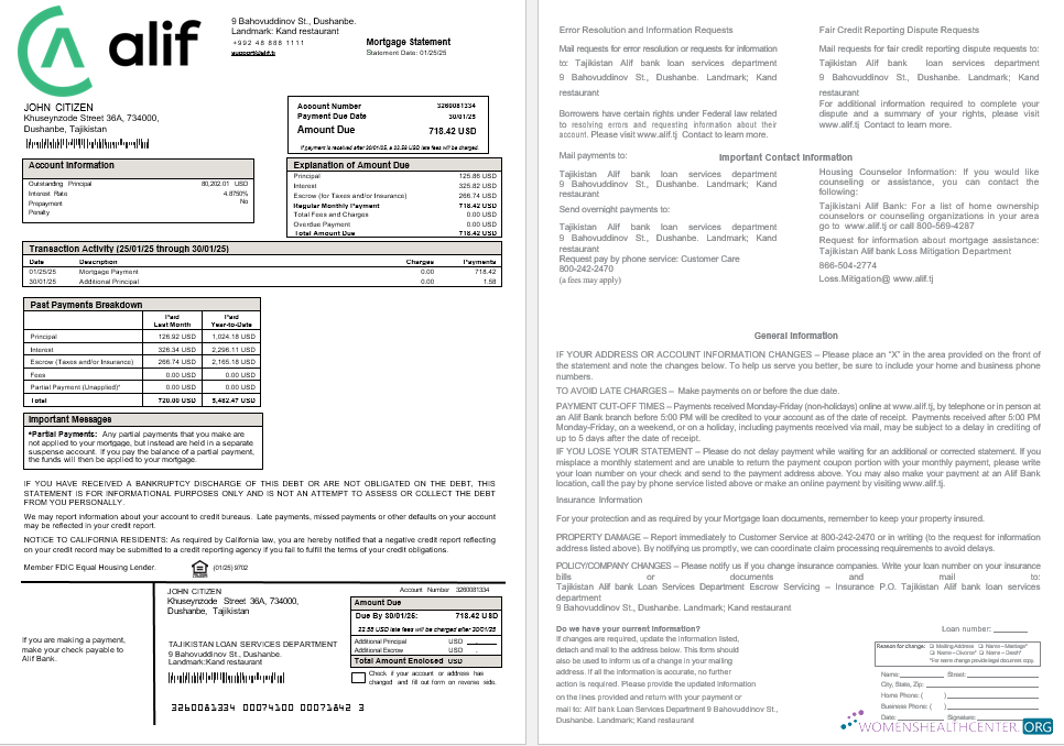 Download Tajikistan Alif Bank mortgage statement in Word and PDF formats Photoshop template